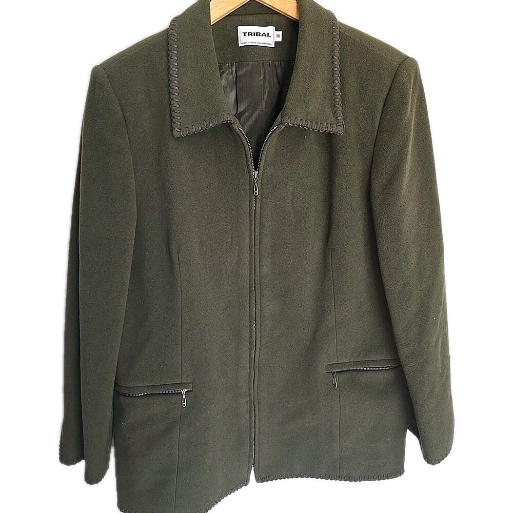 Wool Cashmere Blend Blazer Jacket Womens 14 Olive Green Zip Front Stitched Hem